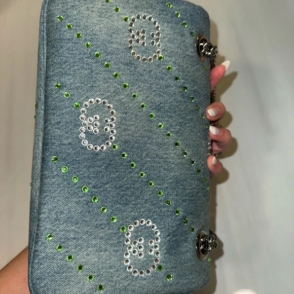 Gucci Denim Crystal Applique Small GG Marmont Shoulder Bag Blue - Picture 7 of 7